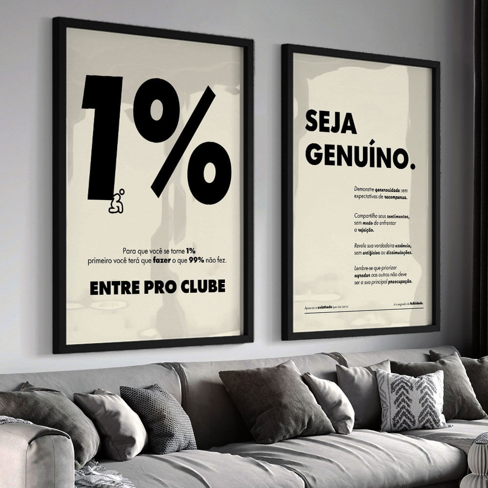 Quadro Decorativo 2 telas Seja genuíno 60x90 Moldura Preta com vidro