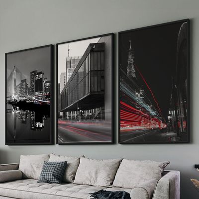 Quadro-Decorativo-3-Telas-Sao-Paulo-Luzes-PB-60x90-Moldura-Preta-com-vidro