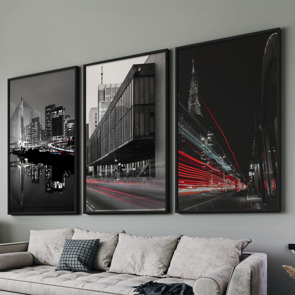 Quadro Decorativo 3 Telas São Paulo Luzes PB 60x90 Moldura Preta com vidro