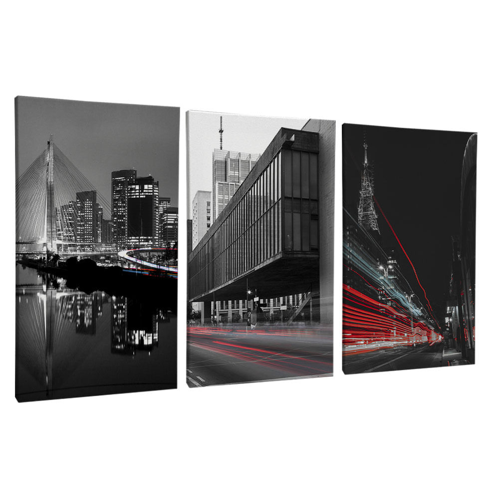 Quadro Decorativo 3 Telas São Paulo Luzes PB 60x90 Moldura Preta com vidro - Imagem 2