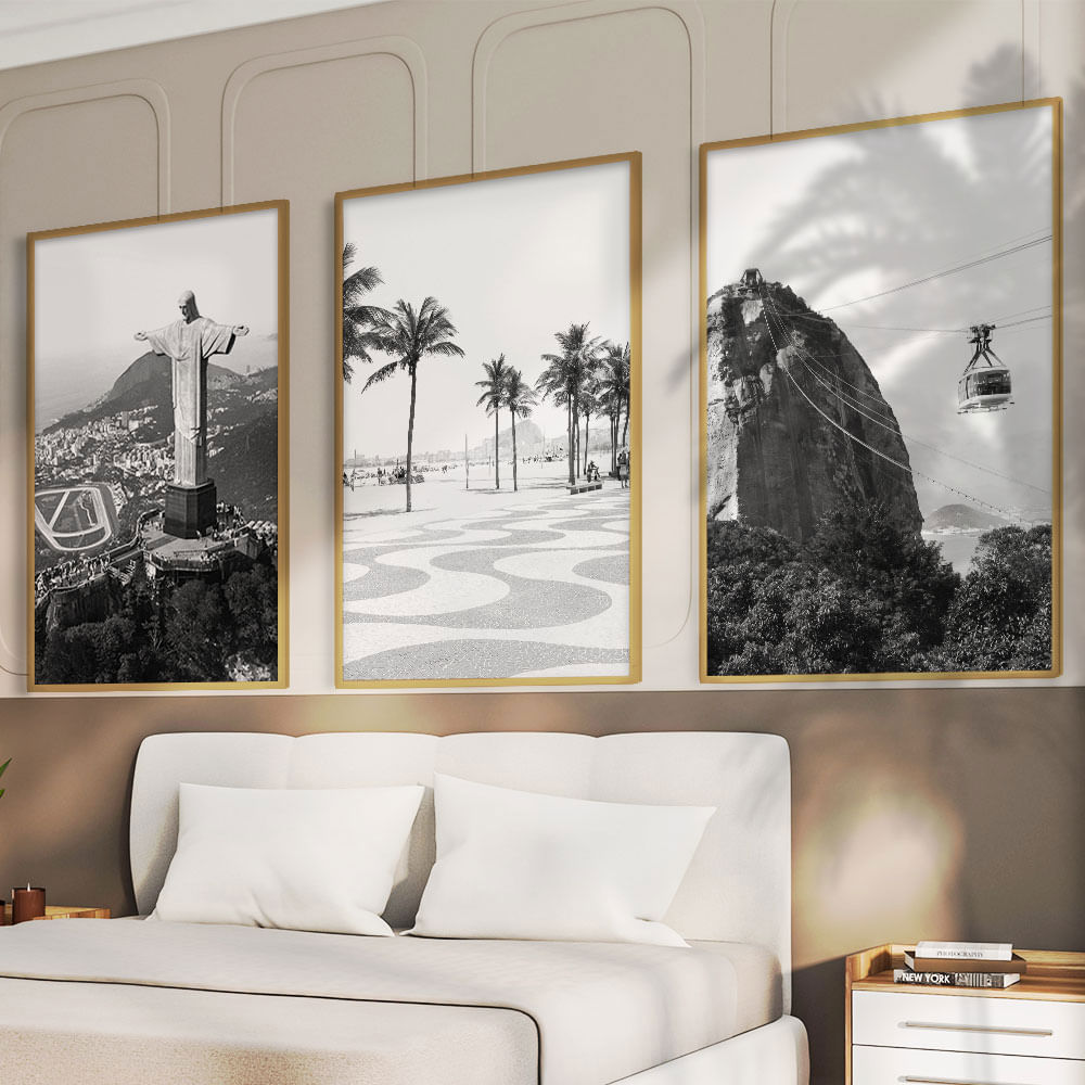 Quadro Decorativo 3 Telas Rio de Janeiro PB 60x90 Moldura Natural com vidro