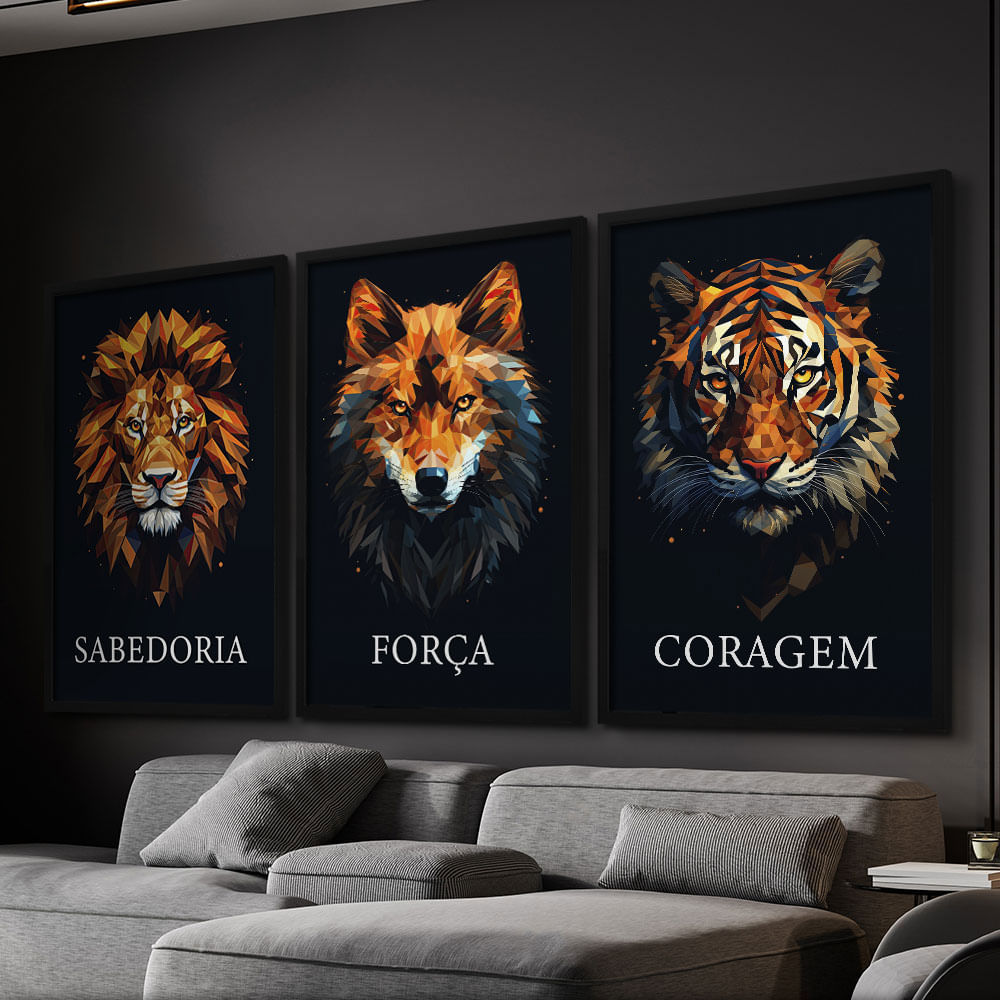 Quadro Decorativo 3 Telas Sabedoria Força Coragem 60x90 Moldura Preta com vidro