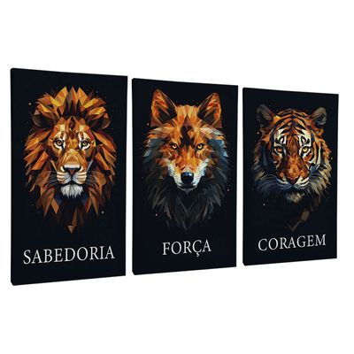 Quadro-Decorativo-3-Telas-Sabedoria-Forca-Coragem-60x90-Moldura-Preta-com-vidro