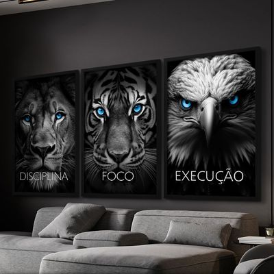 Quadro-Decorativo-3-Telas-Animais-Disciplina-Foco-Execucao-Rosto-Animais-Leao-Tigre-Aguia-60x90-Moldura-Preta-com-vidro