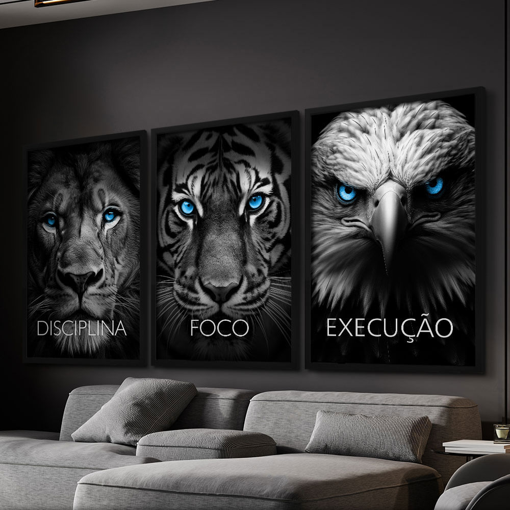 Quadro Decorativo 3 Telas Animais Disciplina Foco Execução Rosto Animais Leão Tigre Águia 60x90 Moldura Preta com vidro