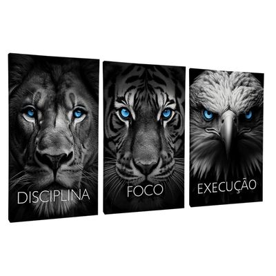 Quadro-Decorativo-3-Telas-Animais-Disciplina-Foco-Execucao-Rosto-Animais-Leao-Tigre-Aguia-60x90-Moldura-Preta-com-vidro