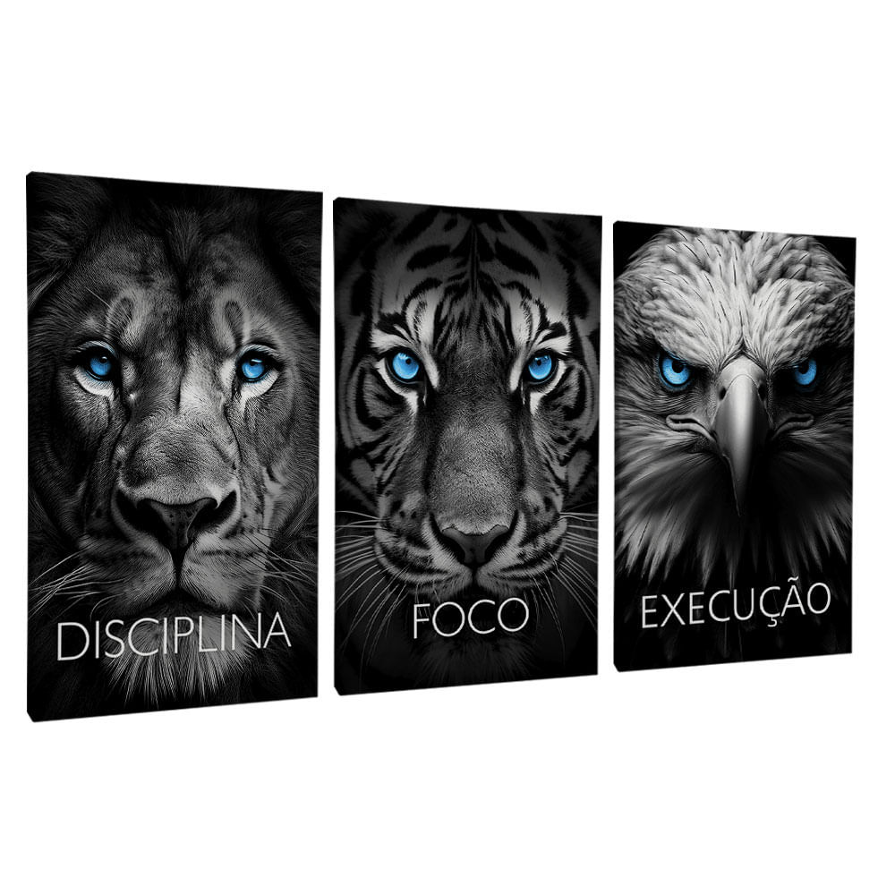 Quadro Decorativo 3 Telas Animais Disciplina Foco Execução Rosto Animais Leão Tigre Águia 60x90 Moldura Preta com vidro - Imagem 2