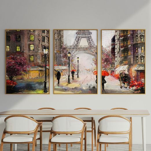 Quadro-Decorativo-3-Telas-Paisagem-Cidade-Pintura-de-Paris-Franca-60x90-Moldura-Natural-com-vidro