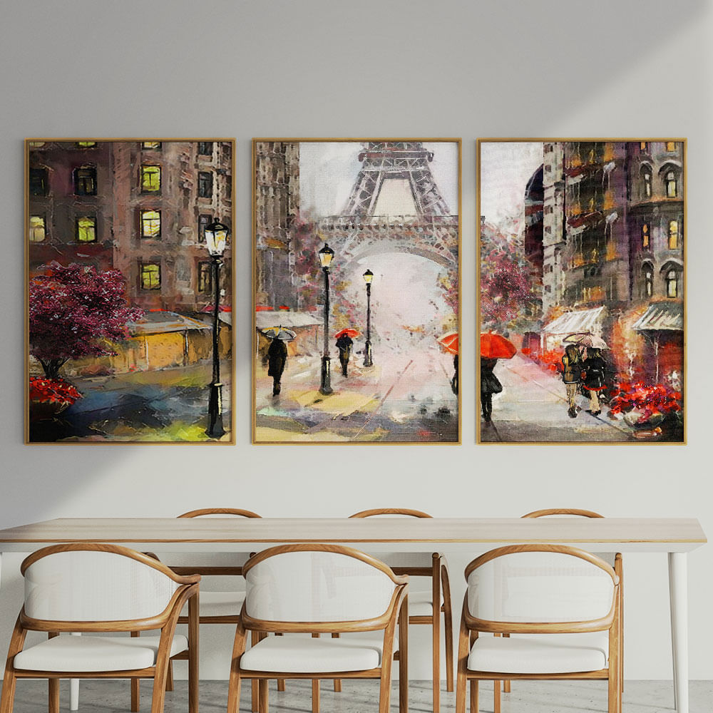 Quadro Decorativo 3 Telas Paisagem Cidade Pintura de Paris França 40x60 Moldura Natural sem vidro