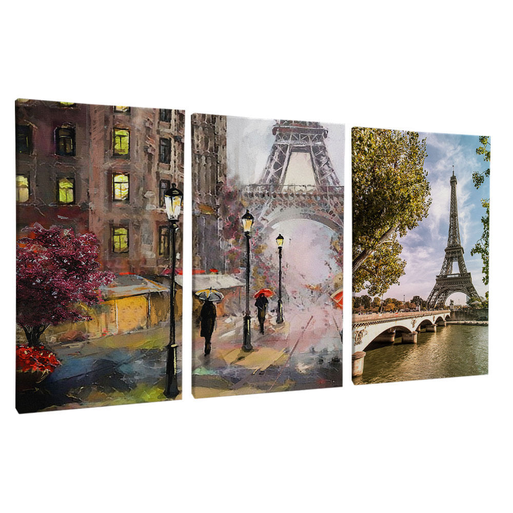 Quadro Decorativo 3 Telas Paisagem Cidade Pintura de Paris França 40x60 Moldura Natural sem vidro - Imagem 2