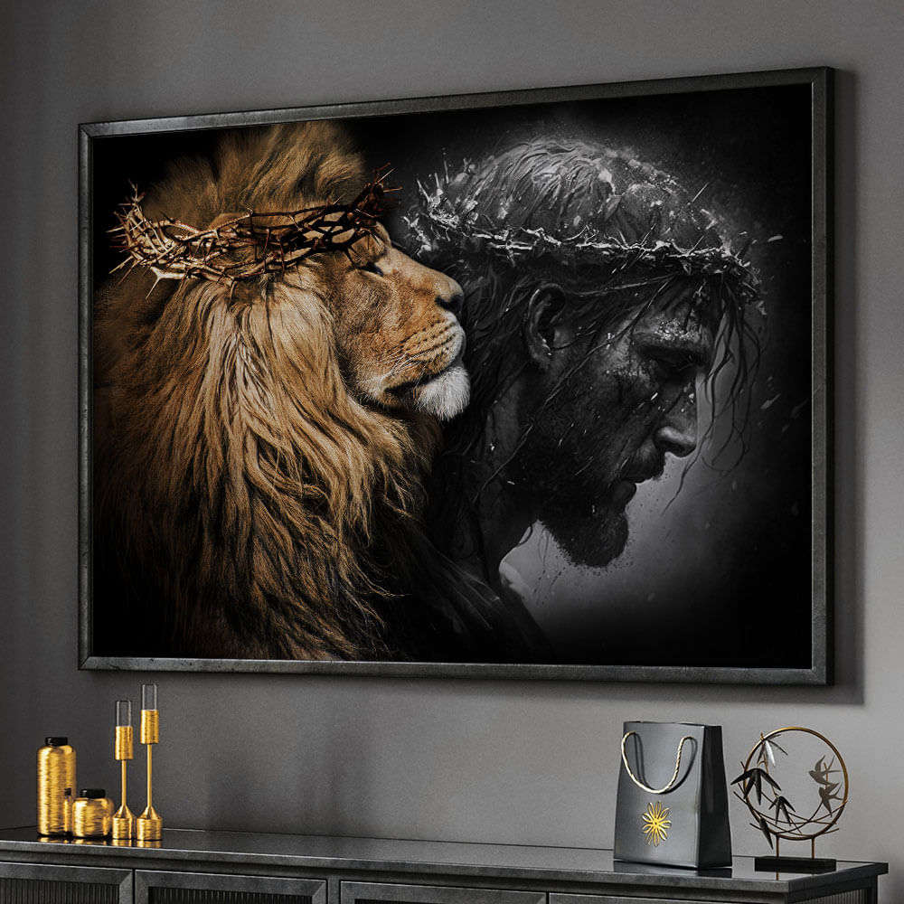 Quadro Decorativo Jesus e Leão III Coroa de Espinhos Moldura Preta com vidro 90x60