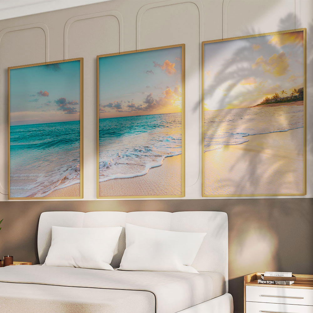 Quadro Decorativo 3 Telas Paisagem Mar Praia Por do Sol 60x90 Moldura Natural com vidro