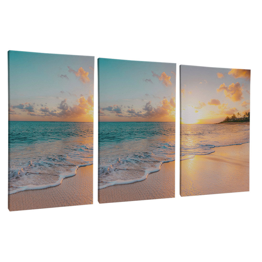 Quadro Decorativo 3 Telas Paisagem Mar Praia Por do Sol 60x90 Moldura Natural com vidro - Imagem 2
