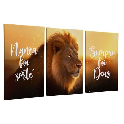 Quadro-Decorativo-3-Telas-Leao-Por-do-Sol-Nunca-foi-Sorte-Sempre-foi-Deus-60x90-Moldura-Preta-com-vidro