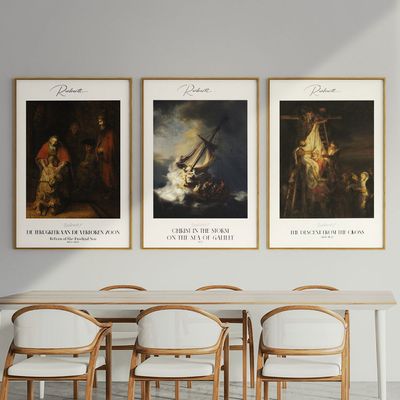 Quadro-Decorativo-3-Telas-Artista-Rembrandt-Composicao-Vida-de-Cristo-60x90-Moldura-Natural-com-vidro