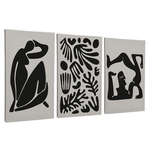 Quadro-Decorativo-3-Telas-Henry-Matisse-Escultura-PB-60x90-Moldura-Branca-com-vidro