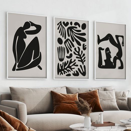 Quadro-Decorativo-3-Telas-Henry-Matisse-Escultura-PB-40X60-Moldura-Branca-sem-vidro