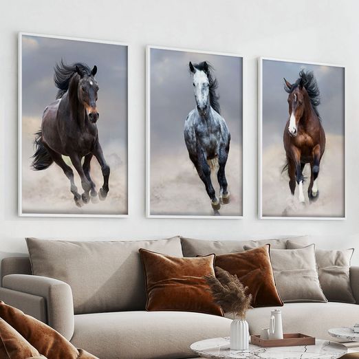 Quadro-Decorativo-3-Telas-Animais-Cavalos-Branco-Marrom-60x90-Moldura-Branca-com-vidro