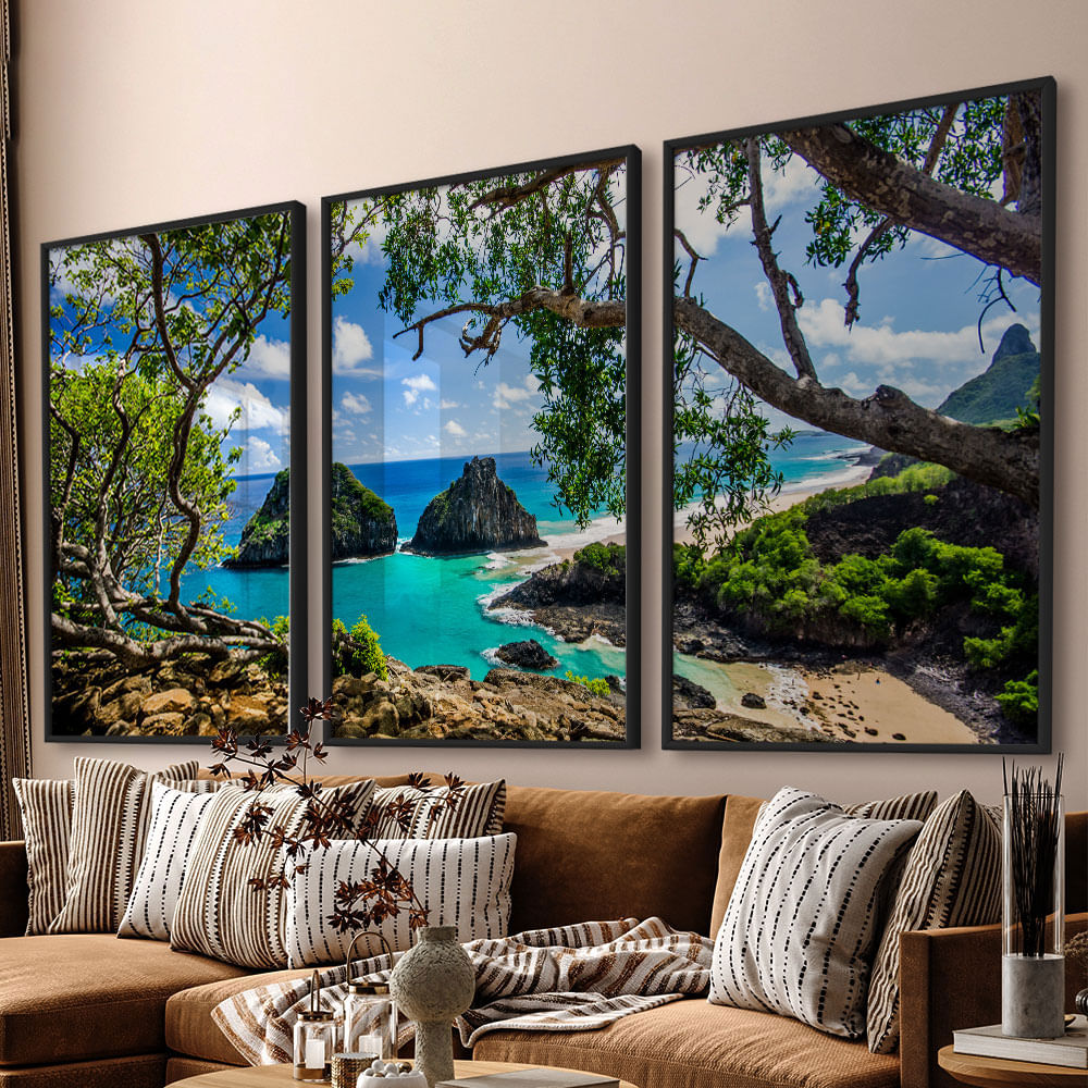 Quadro Decorativo 3 Telas Fernando de Noronha II 60x90 Moldura Preta com vidro