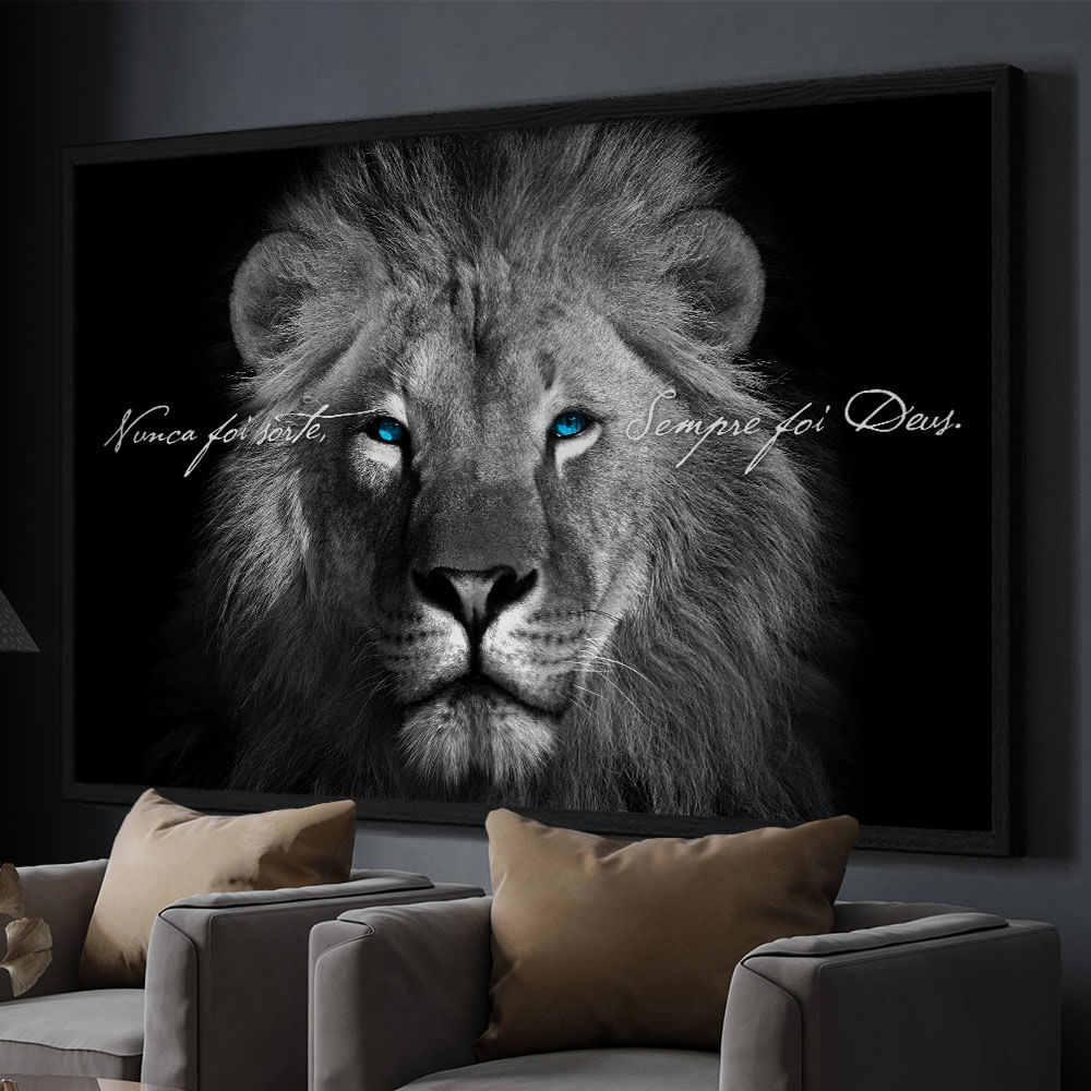 Quadro Decorativo Animais Leão Preto e Branco Nunca foi sorte sempre foi Deus Moldura Preta com vidro 90x60