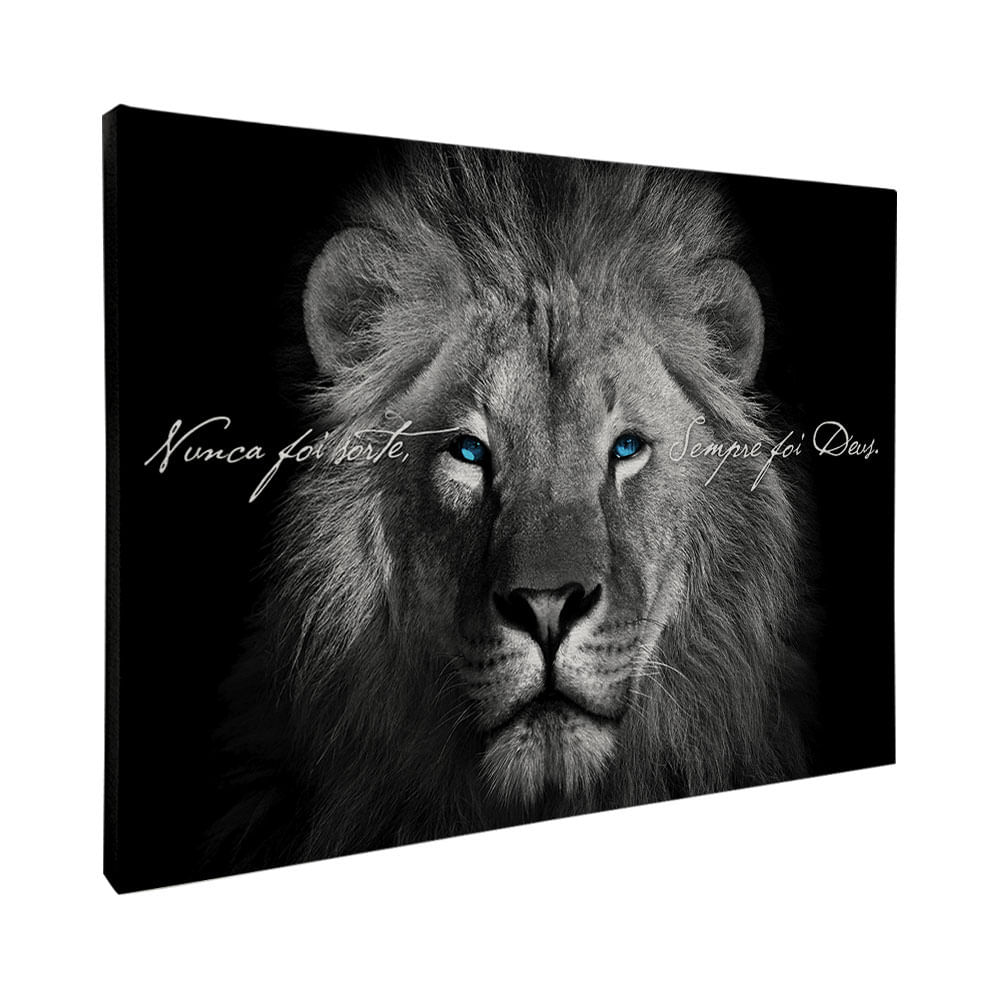 Quadro Decorativo Animais Leão Preto e Branco Nunca foi sorte sempre foi Deus Moldura Preta com vidro 90x60 - Imagem 2