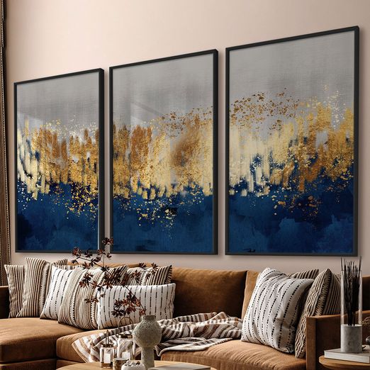 Quadro-Decorativo-3-Telas-Abstrato-Azul-e-Dourado-60x90-Moldura-Preta-com-vidro