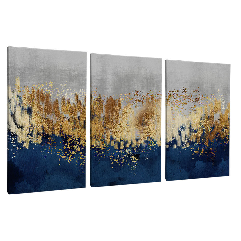 Quadro Decorativo 3 Telas Abstrato Azul e Dourado 60x90 Moldura Preta com vidro - Imagem 2