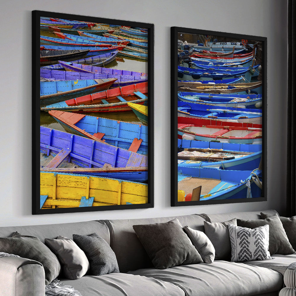 Quadro Decorativo 2 Telas Paisagem Barcos Coloridos 60x90 Moldura Preta com vidro