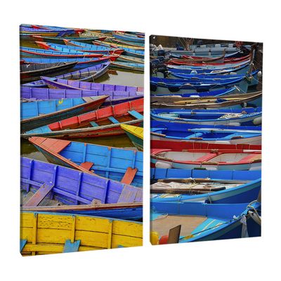 Quadro-Decorativo-2-Telas-Paisagem-Barcos-Coloridos-60x90-Moldura-Preta-com-vidro