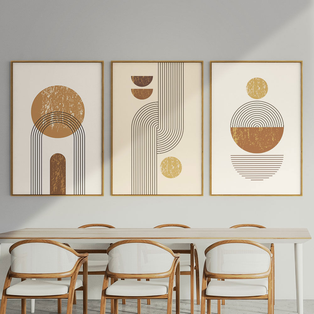 Quadro Decorativo 3 Telas Abstrato Geométrico Linhas Formas 60x90 Moldura Natural com vidro