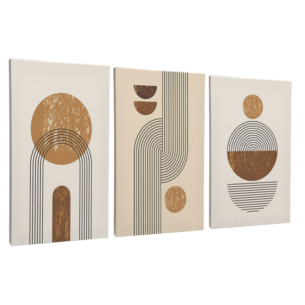 Quadro Decorativo 3 Telas Abstrato Geométrico Linhas Formas 60x90 Moldura Natural com vidro - Imagem 2