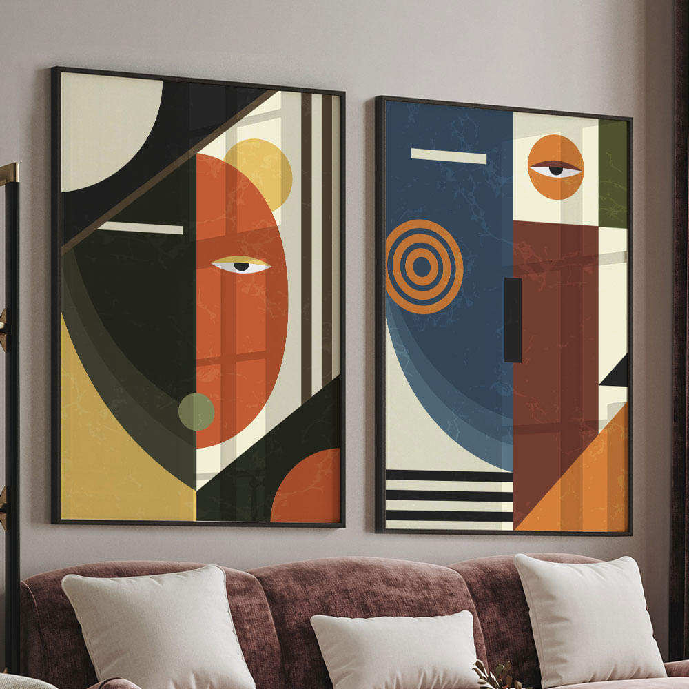 Quadro Decorativo 2 Telas Cubismo Abstrato 60x90 Moldura Preta com vidro