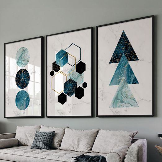 Quadro-Decorativo-3-Telas-Geometrico-Azul-II-60x90-Moldura-Preta-com-vidro