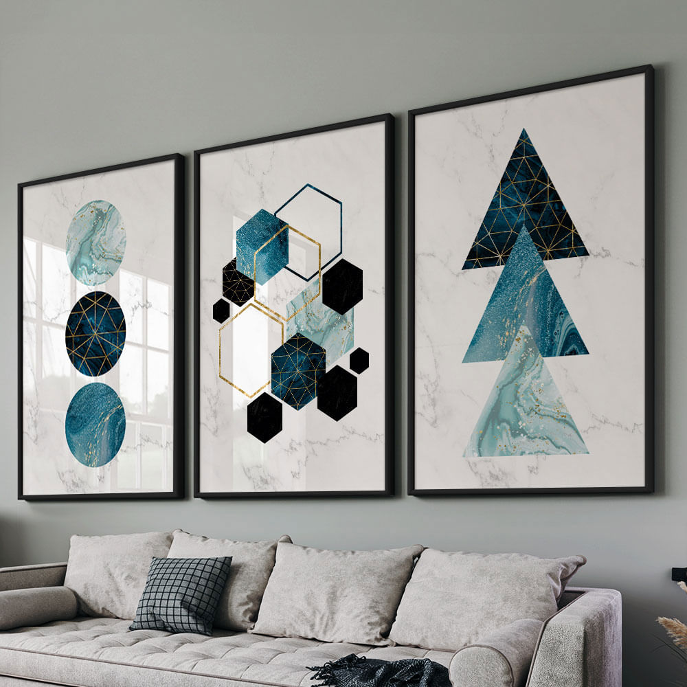 Quadro Decorativo 3 Telas Geométrico Azul II 60x90 Moldura Preta com vidro