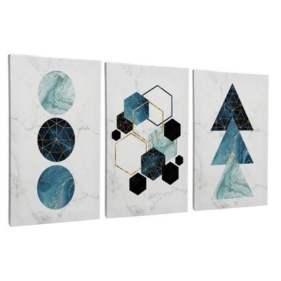 Quadro-Decorativo-3-Telas-Geometrico-Azul-II-60x90-Moldura-Preta-com-vidro