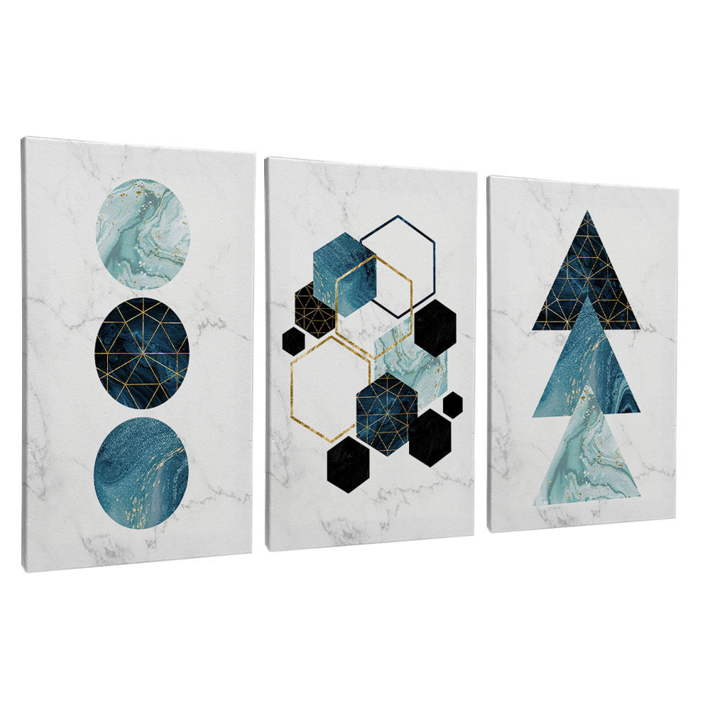 Quadro Decorativo 3 Telas Geométrico Azul II 40X60 Moldura Preto sem vidro - Imagem 2