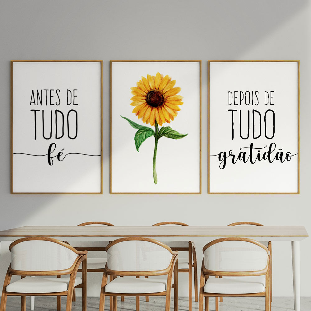 Quadro Decorativo 3 Telas Gratidão 40x60 Moldura Natural sem vidro