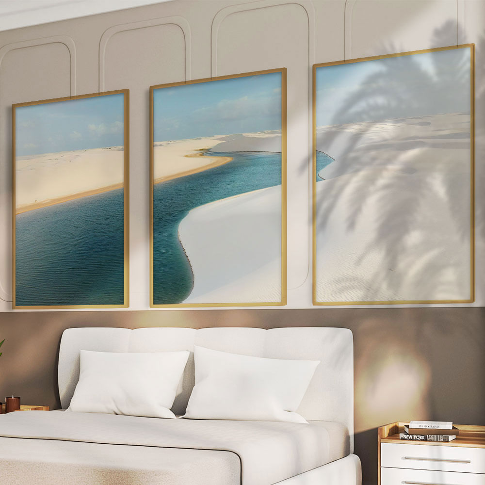 Quadro Decorativo 3 Telas Lençóis Maranhenses 40x60 Moldura Natural sem vidro