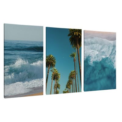 Quadro-Decorativo-3-Telas-Paisagem-Azul-Praia-Mar-Coqueiro-IV-60x90-Moldura-Natural-com-vidro