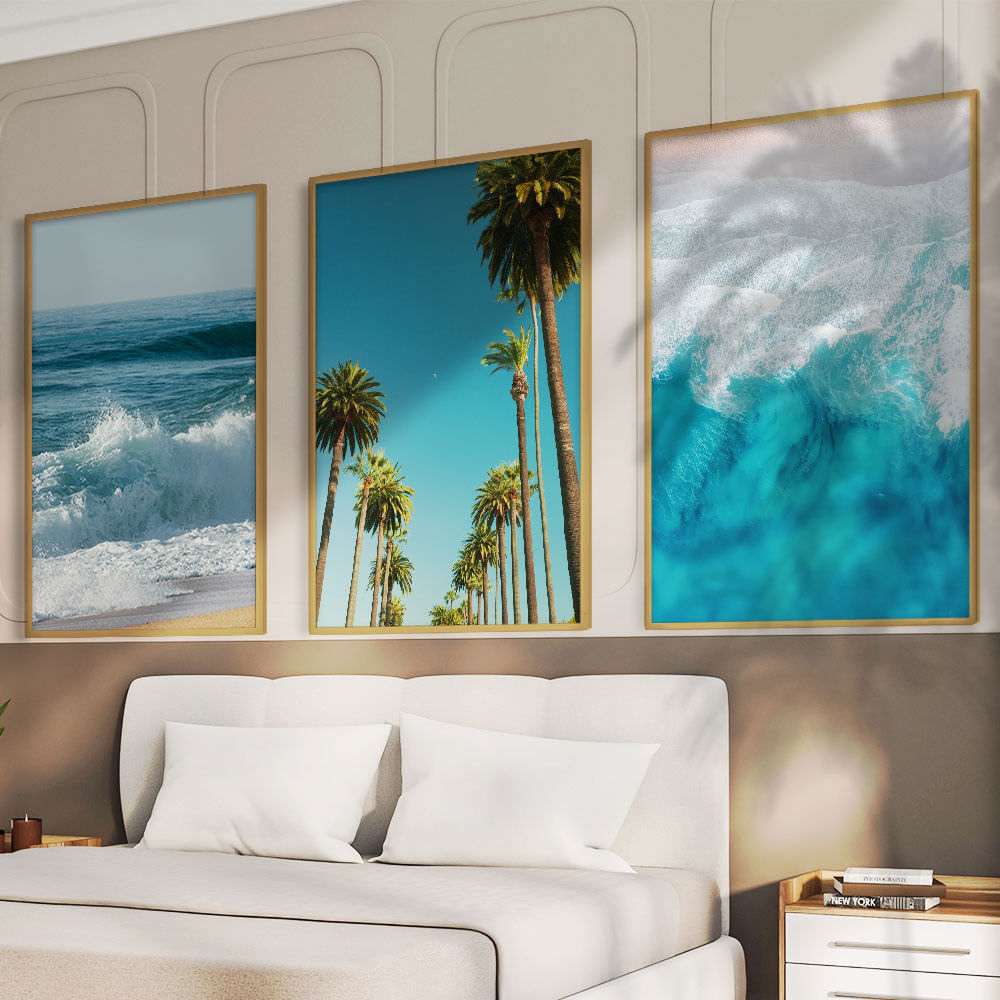 Quadro Decorativo 3 Telas Paisagem Azul Praia Mar Coqueiro IV 40x60 Moldura Natural sem vidro