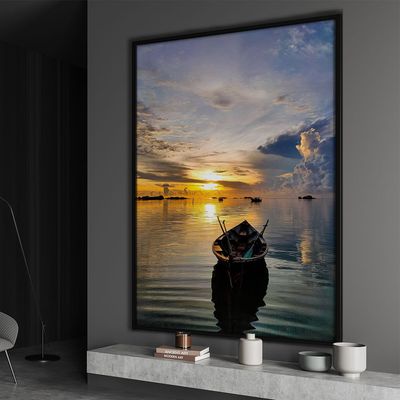 Quadro-Decorativo-Paisagem-Por-do-Sol-Barco-Mar-Moldura-Preta-com-vidro-60x90