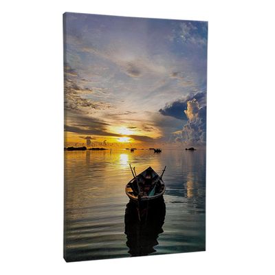 Quadro-Decorativo-Paisagem-Por-do-Sol-Barco-Mar-Moldura-Preta-com-vidro-60x90