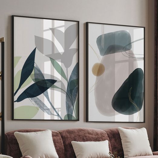 Quadro-Decorativo-Abstrato-Florais-Folhas-Verdes-Composicao-XI-60x90-Moldura-Preta-com-vidro