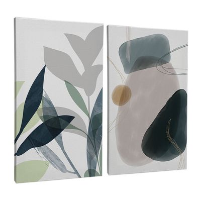 Quadro-Decorativo-2-Telas-Abstrato-Florais-Folhas-Verdes-Composicao-XI-40X60-Moldura-Preto-sem-vidro