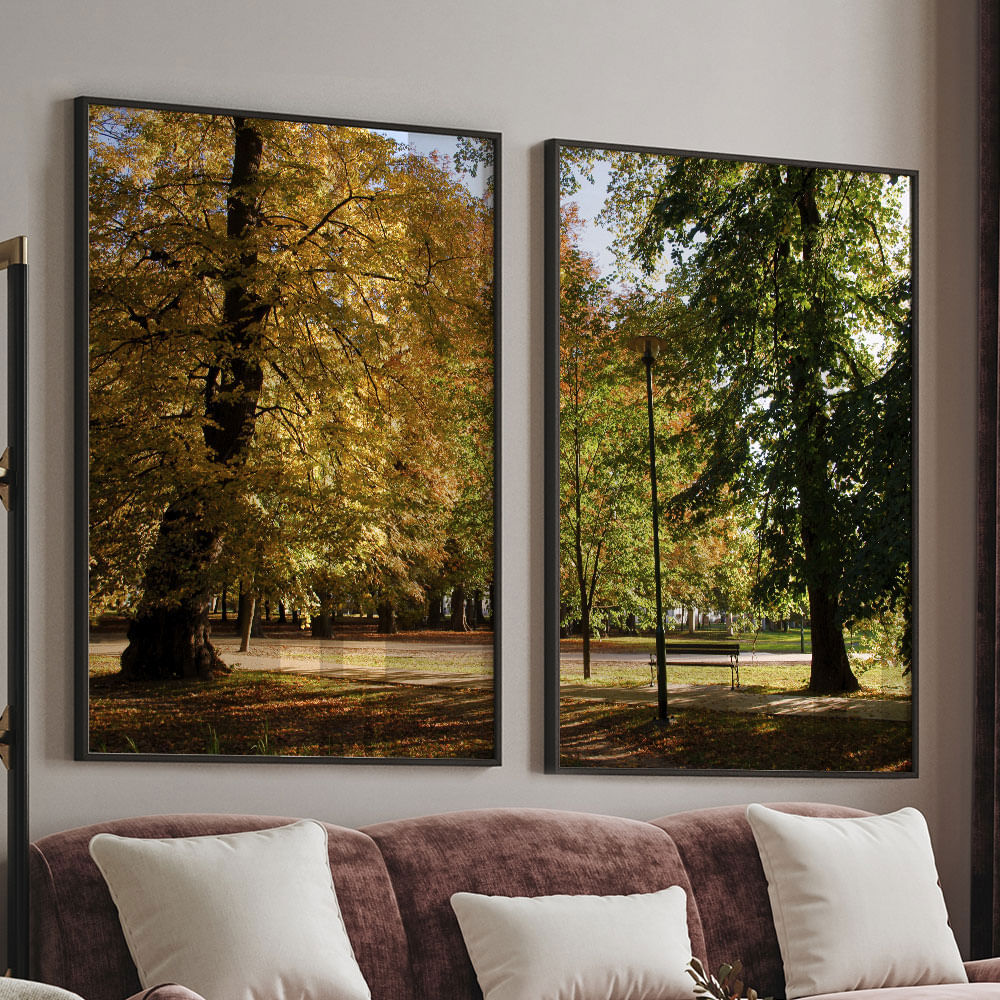 Quadro Decorativo 2 Telas Árvores I 60x90 Moldura Preta com vidro