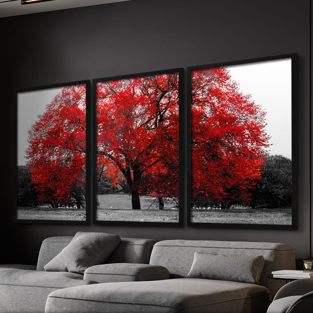 Quadro Decorativo 3 Telas Natureza Árvore Vermelha 60x90 Moldura Preta com vidro