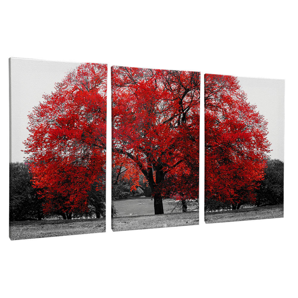 Quadro Decorativo 3 Telas Natureza Árvore Vermelha 60x90 Moldura Preta com vidro - Imagem 2
