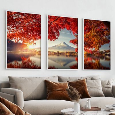 Quadro-Decorativo-3-Telas-Paisagem-Por-do-Sol-Arvore-Vermelha-Monte-Fuji-60x90-Moldura-Branca-com-vidro