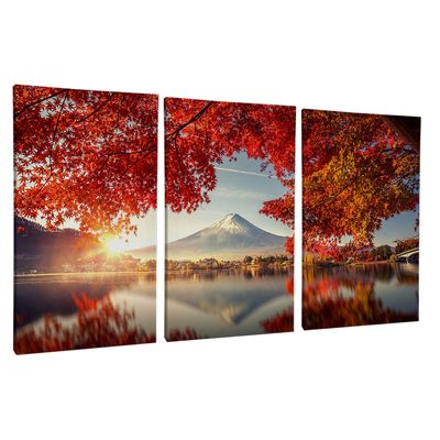 Quadro-Decorativo-3-Telas-Paisagem-Por-do-Sol-Arvore-Vermelha-Monte-Fuji-60x90-Moldura-Branca-com-vidro