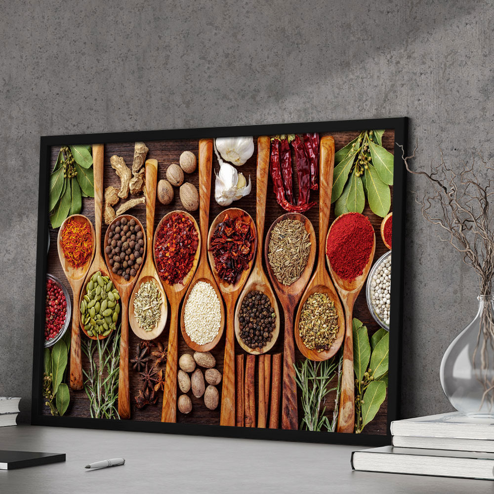 Quadro Decorativo Cozinha Temperos I Moldura Preta com vidro 90x60